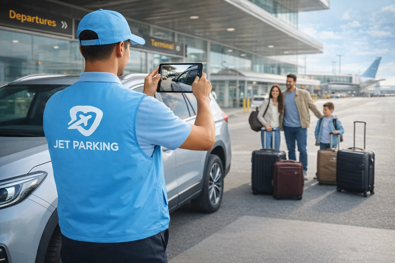 Conductor Jet Parking recogiendo coche de familia en terminal de Madrid Barajas